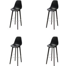 Vier kunststof barkrukken met houten poten en metalen voetsteun