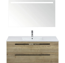 Wastafelcombinatie met spiegel en twee laden in houten decor