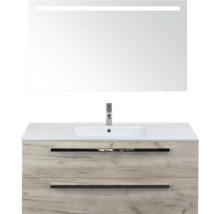 Wastafelmeubel met wastafel, kraan en spiegel met verlichting voor de badkamer