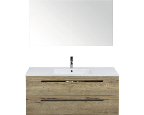 SANOX Badkamermeubelset Seville met spiegelkast en wastafel 121 cm natuur eiken Wastafelcombinatie met spiegelkast en twee lades in de badkamer