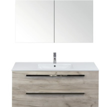 Wastafelcombinatie met spiegelkast, wastafel, kraan en twee lades in houtlook