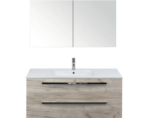 SANOX Badkamermeubelset Seville met spiegelkast en wastafel 121 cm craft oak Wastafelcombinatie met spiegelkast, wastafel, kraan en twee lades in houtlook