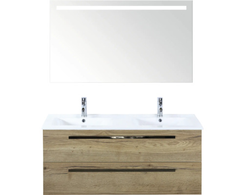 SANOX Badkamermeubelset Seville met spiegel en wastafel 121 cm natuur eiken Badkamermeubelset met wastafelonderkast, dubbele wastafel en spiegel met verlichting