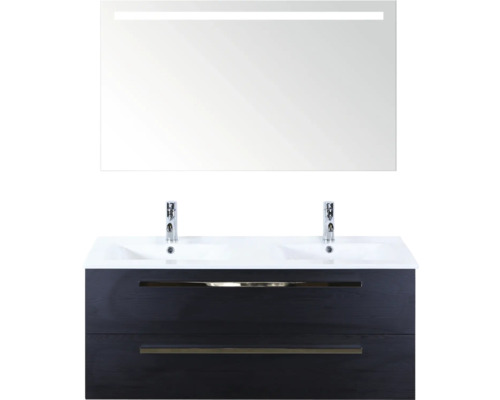 SANOX Badkamermeubelset Seville met spiegel en wastafel 121 cm black oak Wastafelmeubel met twee wastafels, laden en spiegel met verlichting