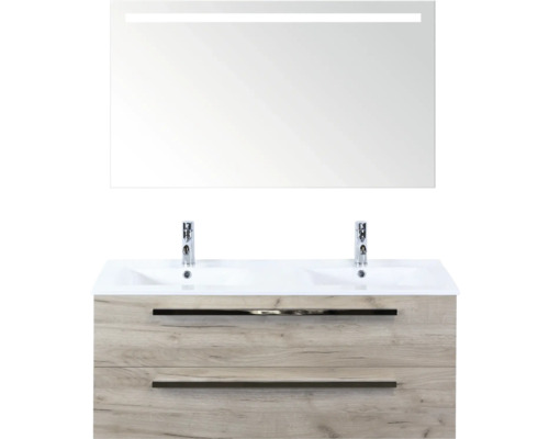 SANOX Badkamermeubelset Seville met spiegel en wastafel 121 cm craft oak Badkamermeubelset met wastafelonderkast, dubbele wastafel en spiegel met verlichting