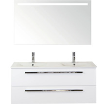 Wastafelmeubel met twee wastafels, onderkast met twee laden en spiegel met verlichting voor de badkamer