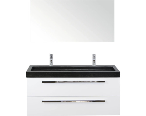 SANOX Badkamermeubelset Seville met spiegel en wastafel 121 cm wit hoogglans Wastafelmeubel met twee lades, opzetwastafel en spiegel voor de badkamer