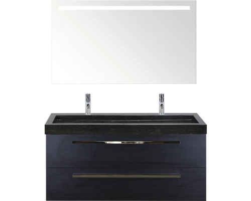 SANOX Badkamermeubelset Seville met spiegel en wastafel 121 cm black oak Wastafel met onderkast, twee lades, opzetwastafel en spiegel met verlichting