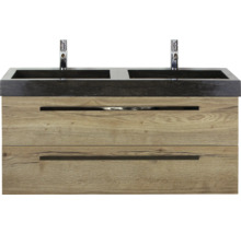 Wastafelonderkast met twee waskommen en twee laden in houtlook