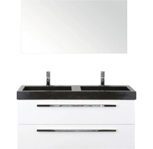 Dubbele wastafel met spiegel, twee lades en armaturen voor de badkamer