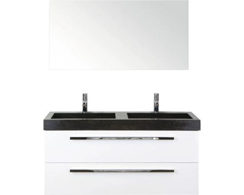 SANOX Badkamermeubelset Seville met spiegel en wastafel 121 cm wit hoogglans Dubbele wastafel met spiegel, twee lades en armaturen voor de badkamer