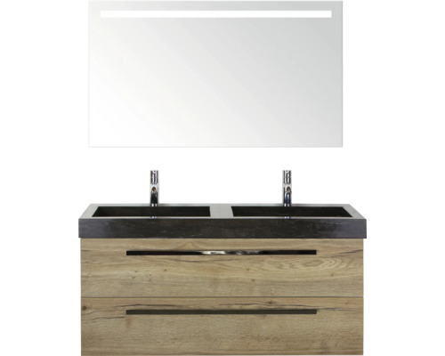 SANOX Badkamermeubelset Seville met spiegel en wastafel 121 cm natuur eiken Wastafelmeubel met twee wastafels, twee laden en een spiegel met verlichting