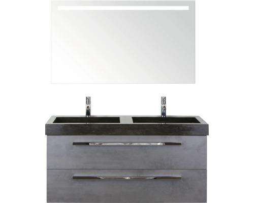 SANOX Badkamermeubelset Seville met spiegel en wastafel 121 cm beton antraciet Wastafelmeubel met twee wastafels, twee laden en verlichte spiegel