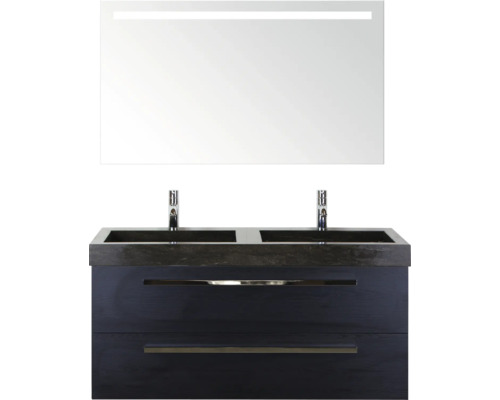 SANOX Badkamermeubelset Seville met spiegel en wastafel 121 cm black oak Wastafelmeubel met twee wastafels, onderkast en spiegel met verlichting voor de badkamer