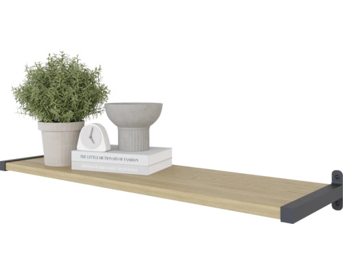 Wandplank met decoratieve elementen zoals een potplant, klok, boeken en een schaal.