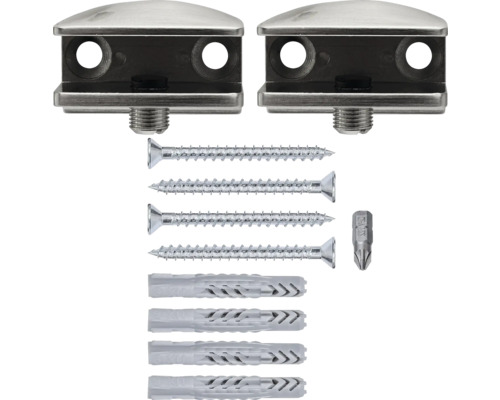 Twee glashouders met schroeven, pluggen en bit