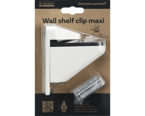 Wandplankclip Maxi in verpakking met pluggen en schroeven