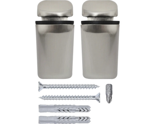 Twee glasklemmen van metaal met schroeven, pluggen en bit