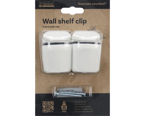 Duraline wandplankclip, 4,3x4,3x6,1 cm, inclusief plug en schroef