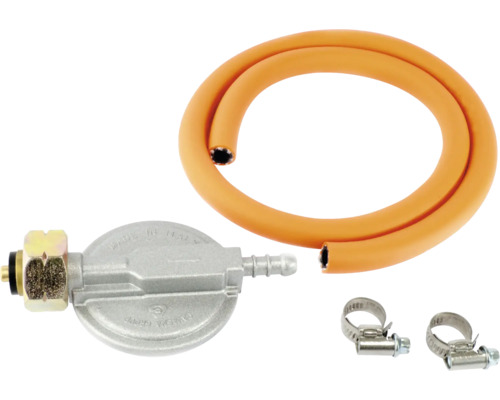 Gasdrukregelaarset met slang en slangklemmen voor het aansluiten van gasapparaten