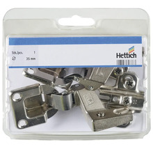 Hettich logo. Verpakking met meubelscharnieren, diameter 35 millimeter.