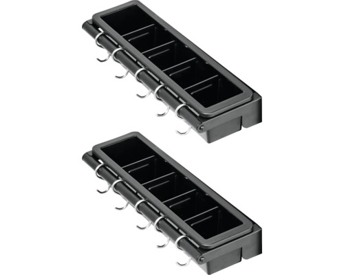 Twee zwarte keukenaccessoirehouders met haken voor het opbergen van keukengerei