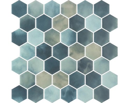 Zwembad mozaïektegel Yadel hexagon blauw 28,6x28,4 cm Zeshoekige mozaïektegel van glas