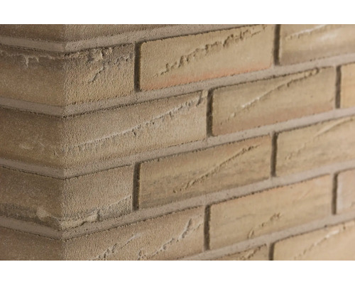 ELABRICK Hoeksteenstrip Corsica beige-bruin Detailopname van een muur met steenstrips