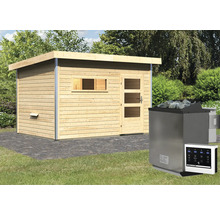 Houten sauna met kachel en bediening in de tuin