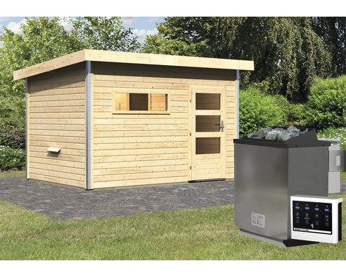Houten sauna met kachel en bediening in de tuin