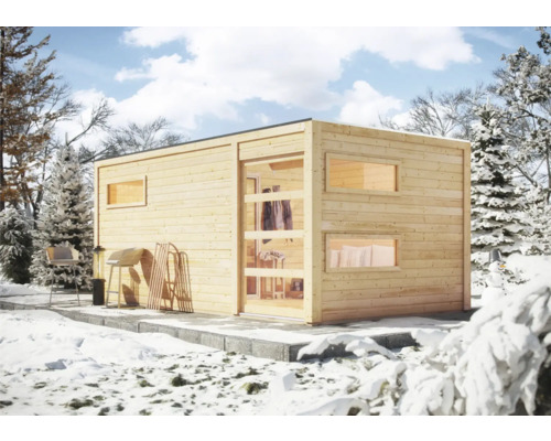 Modern houten tuinhuis in wintertuin