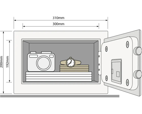 Geopende kluis met camera, horloge en documenten, maatvoering in millimeters