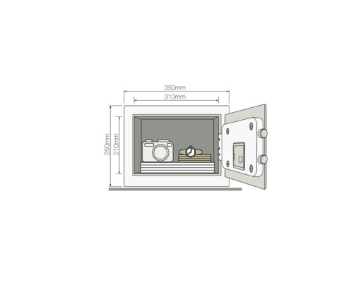 Illustratie van een kluis met camera, boeken en een horloge, maatvoering is aangegeven