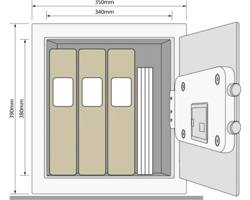 Illustratie van een kluis met ordners en maatvoering