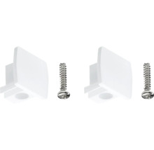 Twee witte meubelverbinders met schroeven