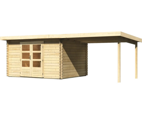 Houten tuinhuis met dubbele deur en aanbouw