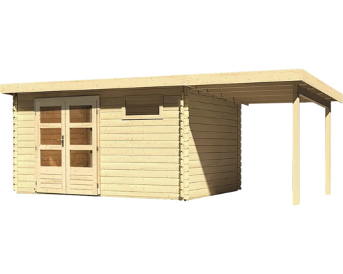 Houten tuinhuis met dubbele deur, raam en afdak