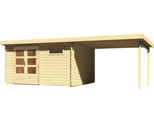 Houten tuinhuis met dubbele deur en carport