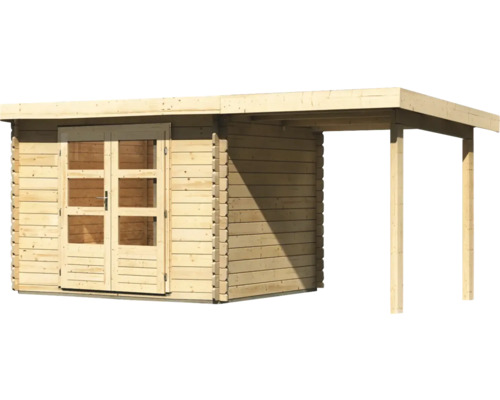 Houten tuinhuis met dubbele deur en luifel