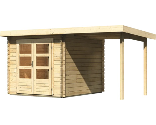 Houten tuinhuis met dubbele deur en aanbouw