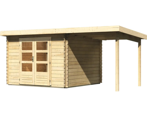 Houten tuinhuis met dubbele deur en afdak