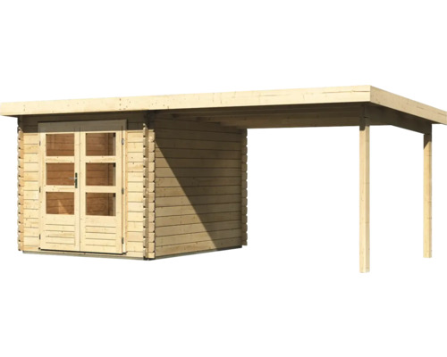 Houten tuinhuis met zijdelingse overkapping