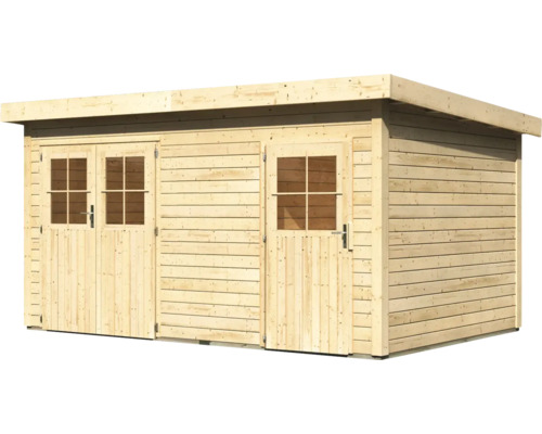 Houten tuinhuis met dubbele deur en enkele deur
