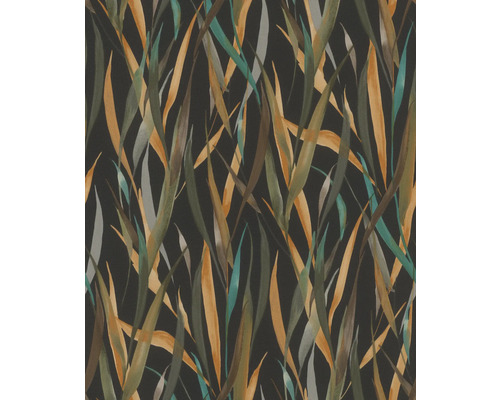 RASCH Vliesbehang 330250 Paraiso bladeren zwart/oker Behang met grassenpatroon