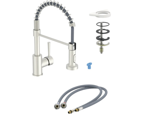 Keukenkraan met spiraalveer, doucheslang en montageaccessoires