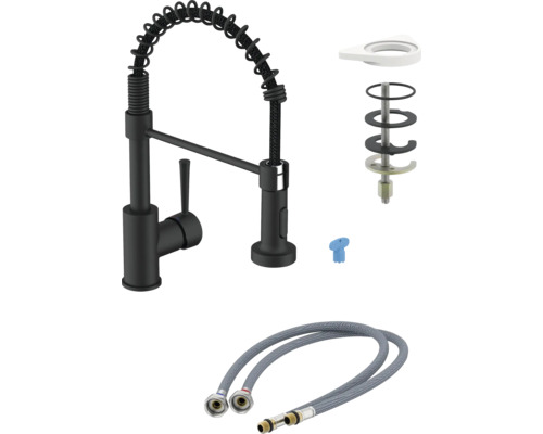Zwarte keukenkraan met flexibele veer, montageaccessoires en aansluitslangen