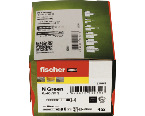Fischer N Green pluggen 6x40/10 S, verpakking