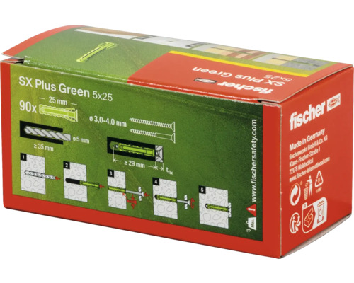 Verpakking Fischer SX Plus Green pluggen, afmeting 5x25 millimeter, inhoud 90 stuks