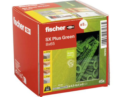 Fischer SX Plus Green pluggen, maat 8x65, 45 stuks in verpakking