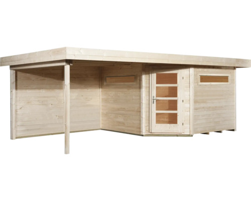 Houten tuinhuis met luifel, deur en ramen